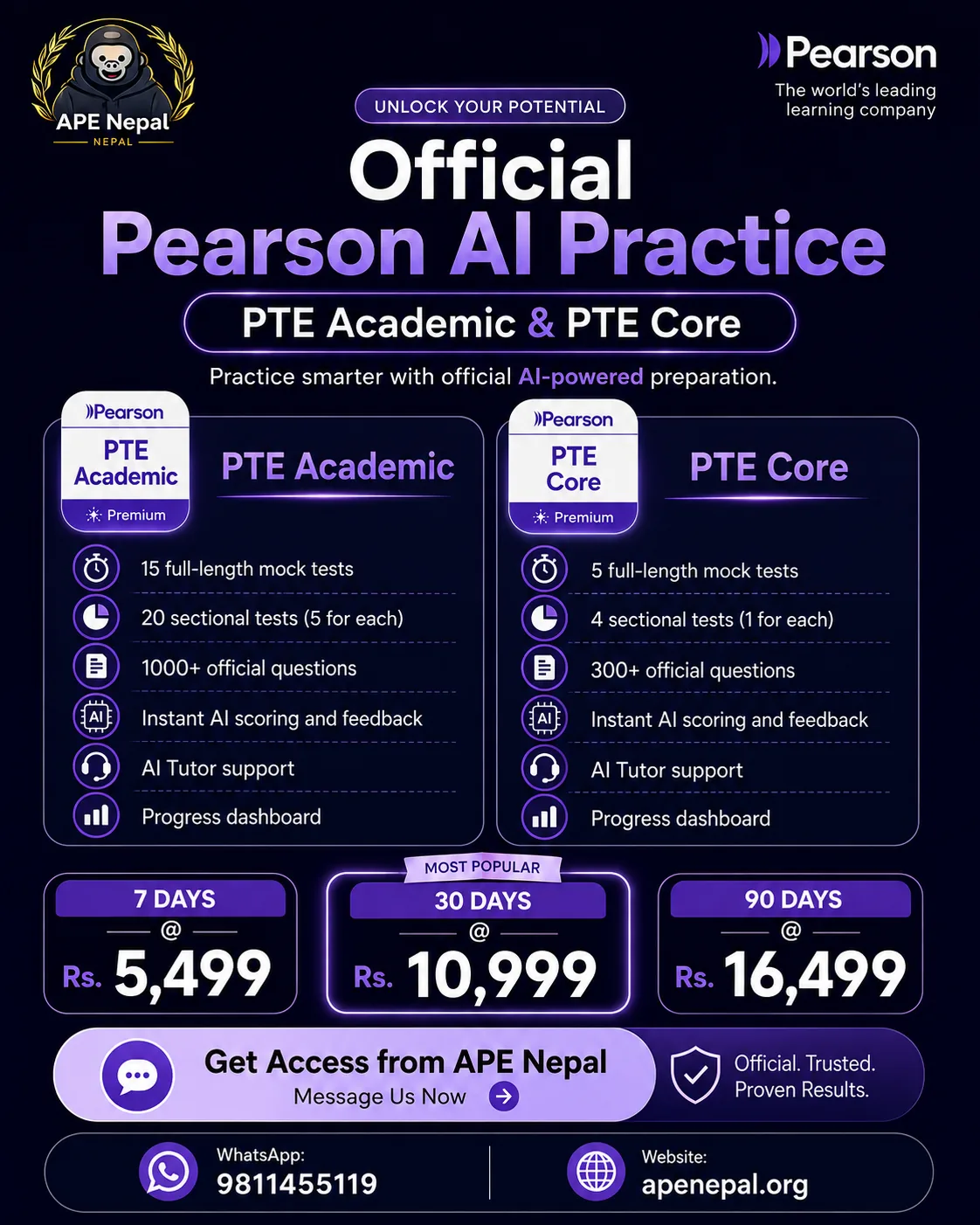 Official PTE Academic and PTE Core AI Practice package features and Nepal prices